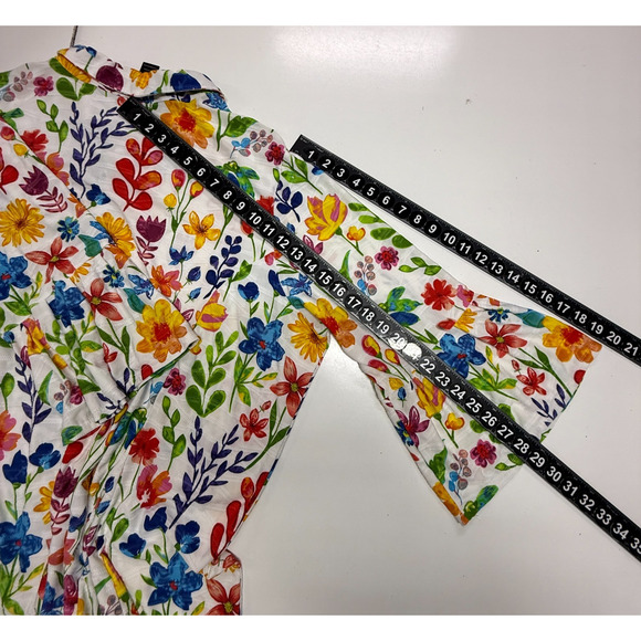 Ali Miles Top 3X White Blue Colorful Floral Button Up Stretch Bell Sleeve Career - Picture 5 of 10